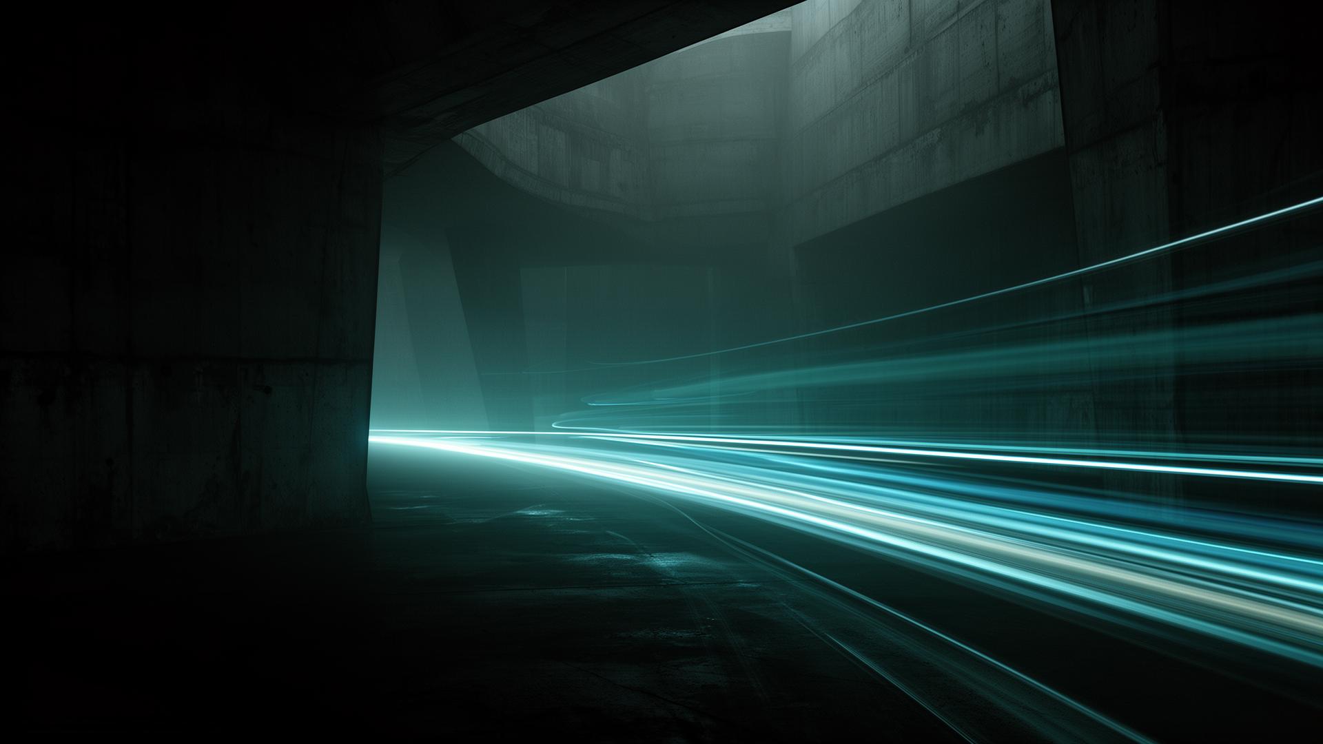 Atmospheric long-exposure of light trails through brutalist architecture